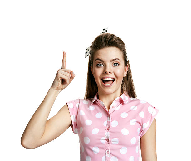 istock Young woman having good idea, pointing finger up 485426746