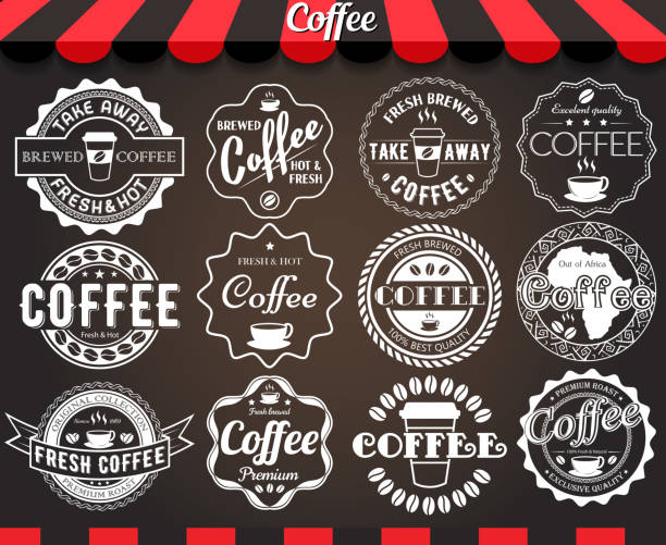 ilustrações de stock, clip art, desenhos animados e ícones de redondo branco conjunto de rótulos de café retro vintage emblemas e - blackboard chalk drawing chalk banner