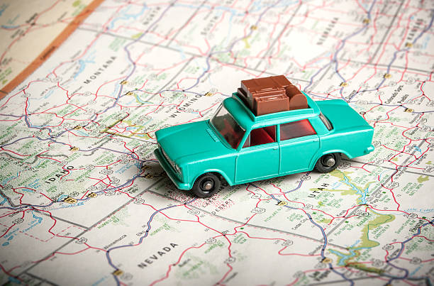 Toy car on a road map stock photo