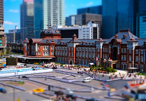 Tokyo Station in Tokyo Japan, photographed with a simulated tilt-shift-lens effect.