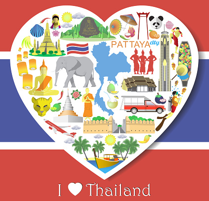 Thailand love. Set vector thai icons and symbols in form of heart