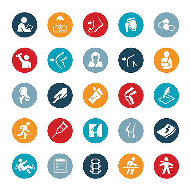 Orthopedic surgery and Medicine Icons Icons related to the orthopedics branch of medicine and surgery. The vector icons symbolize common injuries treated by orthopedic surgeons, body parts treated in orthopedic medicine, as well as other orthopedic related themes. arm sling stock illustrations