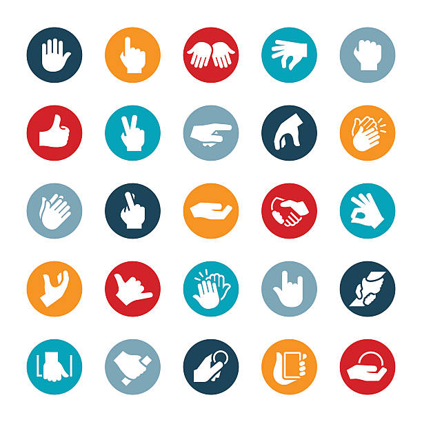 Hand Gestures Icons Common hand signals and gestures. The gestures are commonly used for non-verbal communication and include pointing, stopping, holding, grabbing, thumbs up, peace sign, clapping, high-five and grasping to name a few. sign language icon stock illustrations