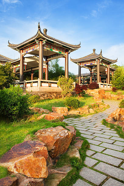 istock Beautiful ancient temple with blue sky and fog 485434270
