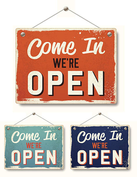 Retro Open Business Signs Retro open signs. EPS 10 file. Transparency effects used on highlight elements. hanging signboard stock illustrations