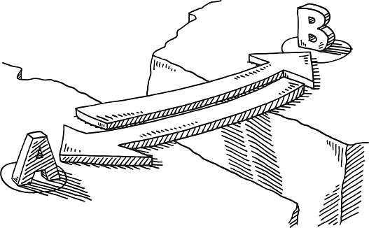 Hand-drawn vector drawing of a Arrow Bridge Connection Concept. Black-and-White sketch on a transparent background (.eps-file). Included files are EPS (v10) and Hi-Res JPG.