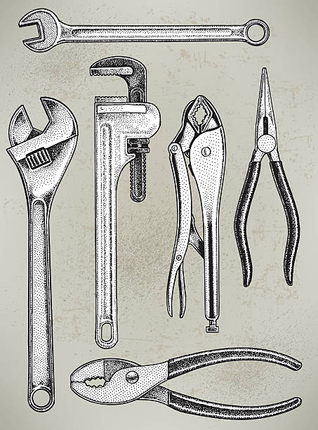 tools – reparatur der ausrüstung und schraubenschlüssel, kneifzange - verstellbarer schraubenschlüssel stock-grafiken, -clipart, -cartoons und -symbole