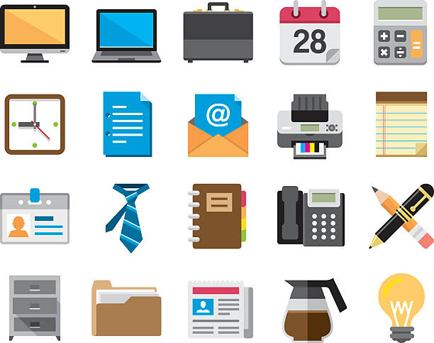 Flat Office And Business icons | Kalaful series 20 Flat office and business icon set. Each icon is carefully constructed according to 128x128 grids. computer part computer symbol computer icon stock illustrations