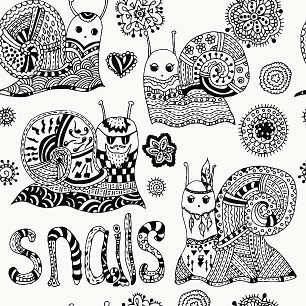 illustrations, cliparts, dessins animés et icônes de motif sans couture dessinés à la main, les escargots et de fleurs. - snail white background profile side view