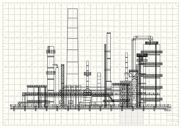 Detailed oil refinery blueprint Factory Blueprint. industry drawings stock illustrations