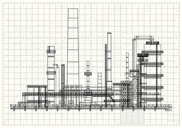 Vector illustration of Detailed oil refinery blueprint