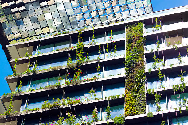 Low angle view of vertical garden and heliostat Low angle view of vertical garden-BioWall or living wall is a wall covered with living plants on residential building with heliostat of motorised mirrors, Sydney Australia, full frame horizontal composition concentrated solar power photos stock pictures, royalty-free photos & images