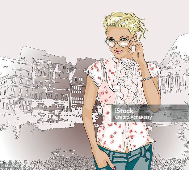 Pretty Fashion Girl On A City Background Stock Illustration - Download Image Now - Eyeglasses, Street, Adult