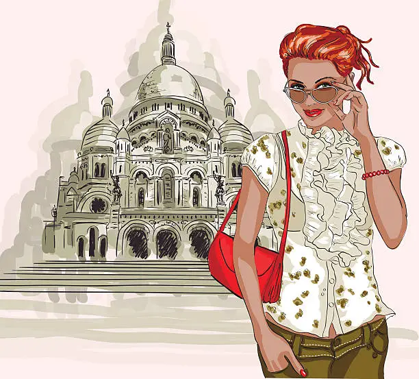 Vector illustration of fashion girl on Basilica Du Sacre Coeur background