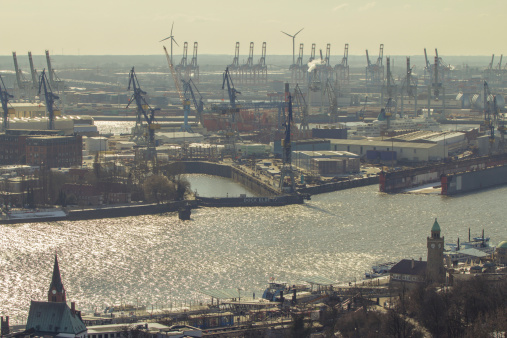 Panorama view on the port of Hamburg from Michel church, Germany