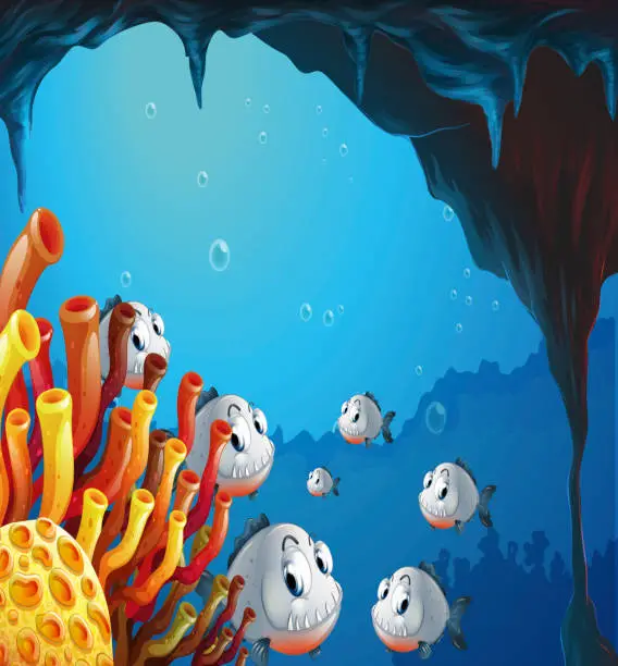 Vector illustration of school of fish inside the sea cave