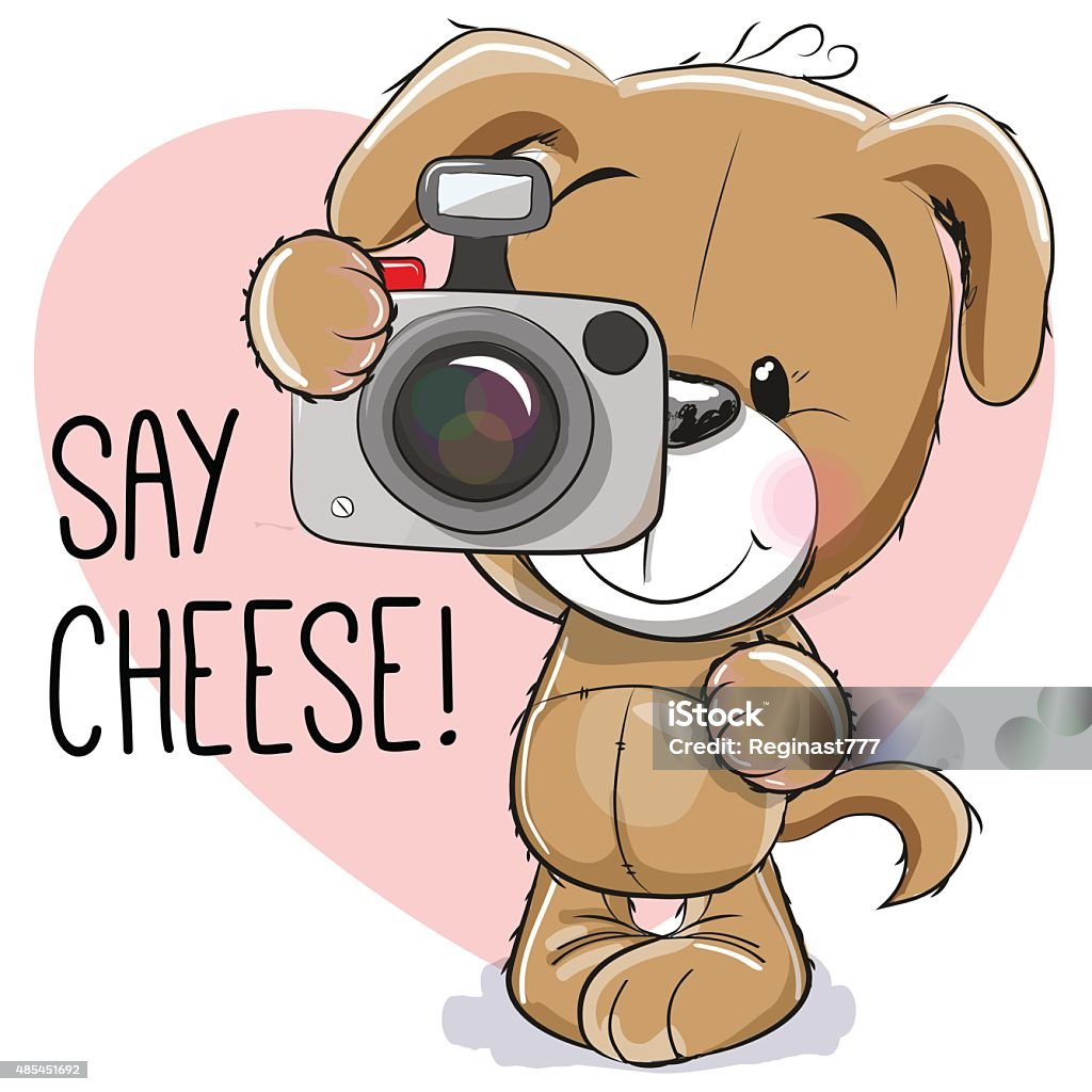 Puppy with a camera Cute cartoon Puppy with a camera on a gray background 2015 stock vector