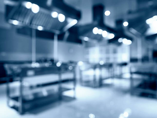 Blurred Modern Kitchen Appliance Interior Blurred Modern Kitchen Appliance Equipment Interior perspective in Hotel stainless steel photos stock pictures, royalty-free photos & images