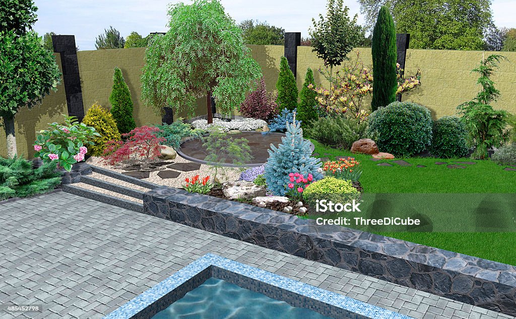 Landscape design plant groupings, 3D render Natural character of the site into the design. Green design features. 2015 Stock Photo