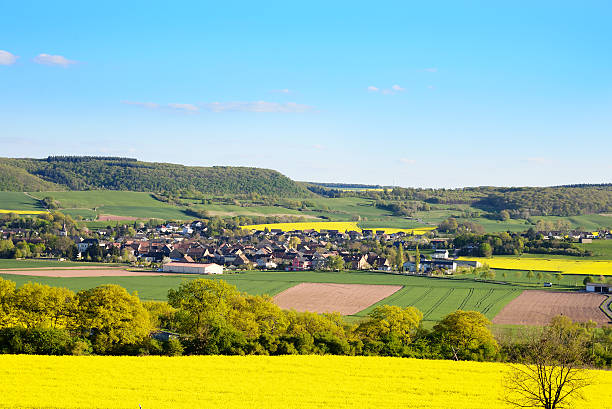 istock Small village in valley with blooming canola fields 485453045
