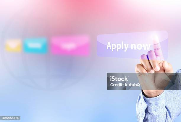 Hand Pressing Apply Now Button Stock Photo - Download Image Now - 2015, Accessibility, Advertisement