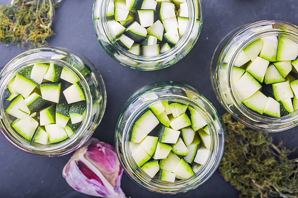 istock Marinated zucchini pieces in jars 485456264