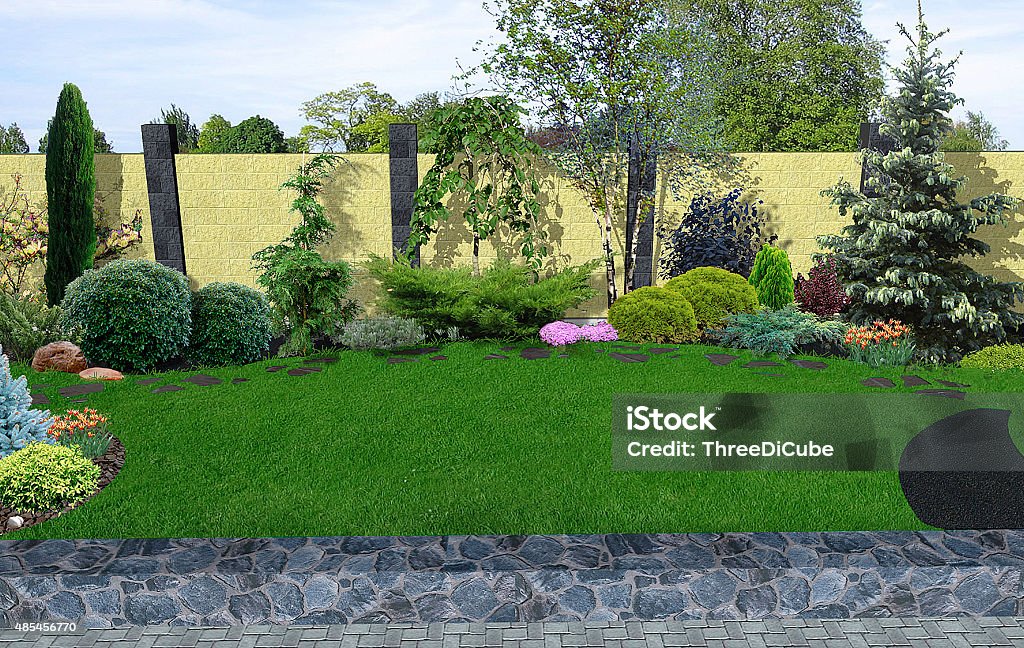 Landscape design plants grouping, 3D render Natural character of the site into the design. Example of decorating and grouping plants. False Cypress Stock Photo