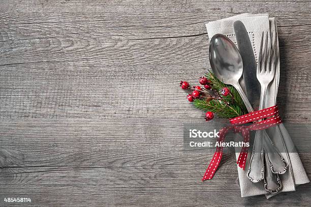 Christmas Table Place Setting Stock Photo - Download Image Now - Christmas, Lunch, Holiday - Event