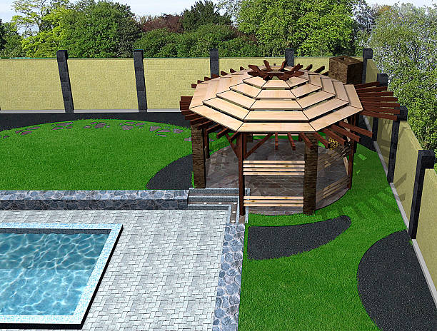istock Landscaping arbor and poolside aerial view, 3D render 485458506