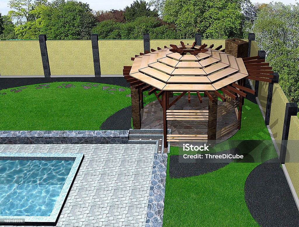 Landscaping arbor and poolside aerial view, 3D render Natural character of the site into the design. Green design features. 2015 Stock Photo