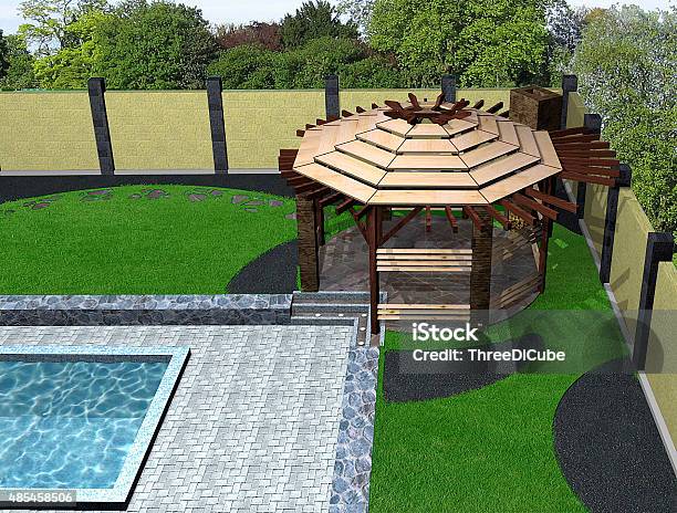 Landscaping Arbor And Poolside Aerial View 3d Render Stock Photo - Download Image Now