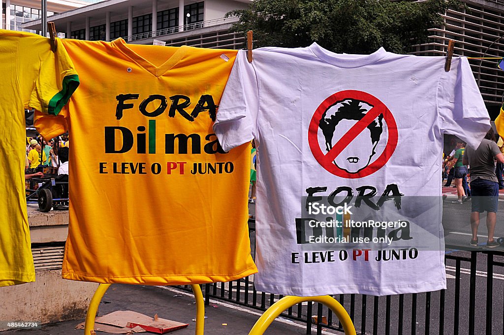 Pro impeachment manifestation Dilma Rousseff Sao Paulo, Brazil - August 16, 2015: Sales of T-shirts to protest against corruption and calling for the impeachment of President Dilma Rousseff. 2015 Stock Photo