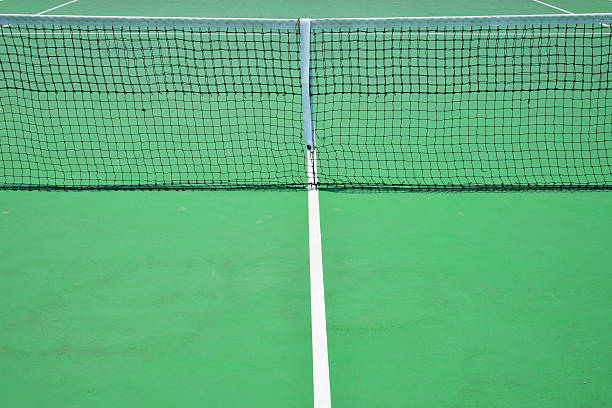 istock tennis net in green court 485468758