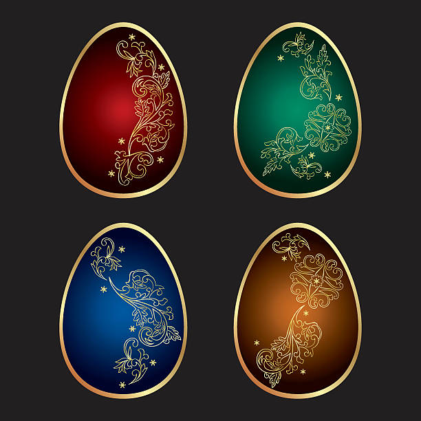 ilustrações de stock, clip art, desenhos animados e ícones de fundo com ovos de páscoa decorado colorido - easter leaf black shiny