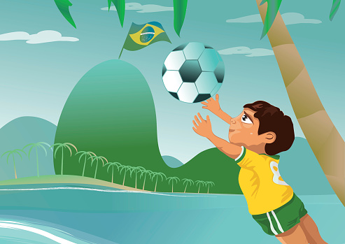 vector illustration of a brazilian boy in the brazilian national soccer jersey with a football, beach scene, organized on layers,