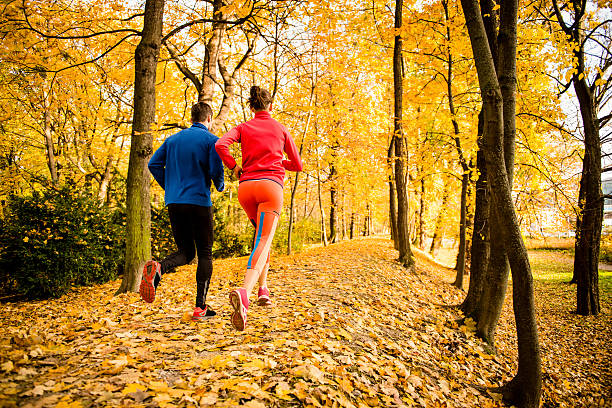 Casal jogging no Outono natureza - fotografia de stock