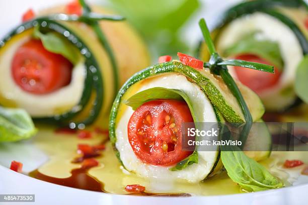 Capresezucchinirolls Stock Photo - Download Image Now - 2015, Appetizer, Balsamic Vinegar