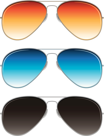 aviator sunglasses with orange, blue, and dark grey lenses