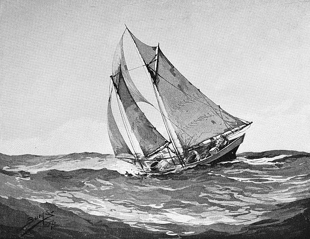 парусный спорт в бурном море - illustration and painting retro revival sailboat antique stock illustrations