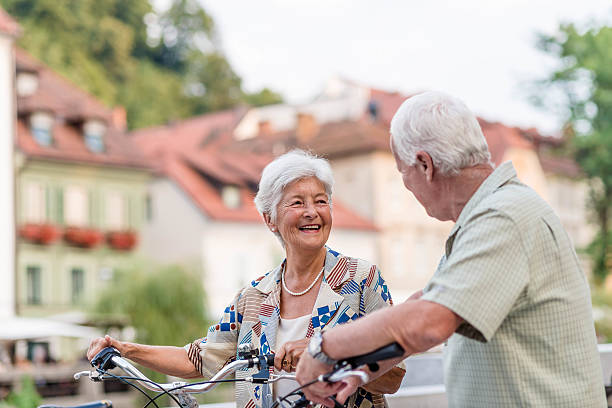 istock Senior couple with bike 485474630