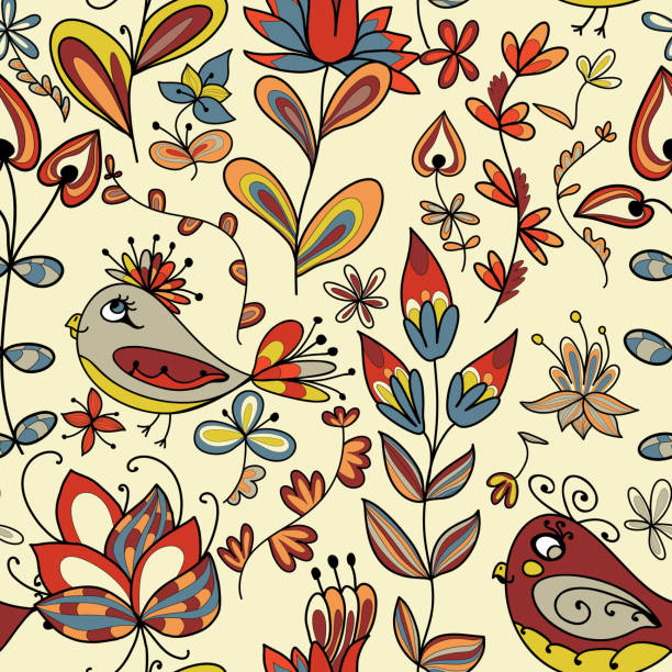 Seamless texture with flowers and birds Seamless texture with flowers and birds. Endless floral pattern. tree repetition single flower flower stock illustrations