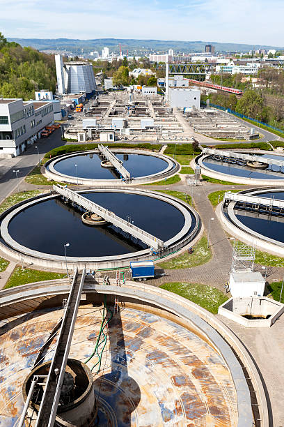 istock Sewage treatment plant - aerial view 485476265