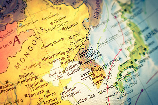 Map of North Korea and South Korea Map of North Korea and South Korea. close-up macro image. Selective focus ,Vintage editing south korea photos stock pictures, royalty-free photos & images