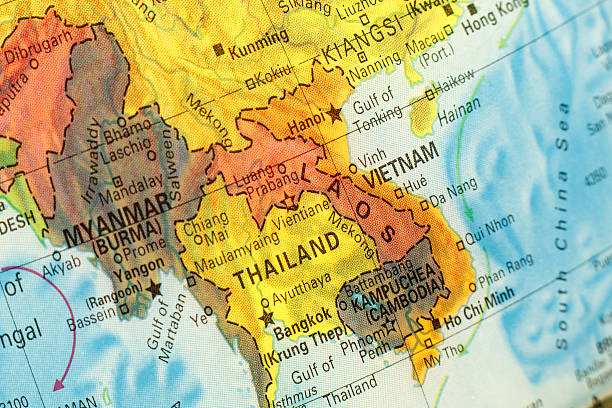 Map of Thailand,Vietnam and Laos. Close-up image Vintage Map Thailand ,Vietnam, Laos .  Close-up macro image of South East Asia  map . Selective focus yangon photos stock pictures, royalty-free photos & images