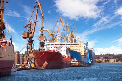 Industrial view with ships and cranes