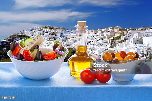 Greek Salad In Santorini Island Greece Stock Photo - Download Image Now - Coastline, Cooking Oil, Santorini