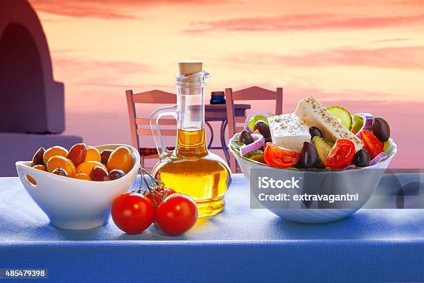 Greek Salad In Santorini Island Greece Stock Photo - Download Image Now - 2015, Aegean Sea, Architectural Dome