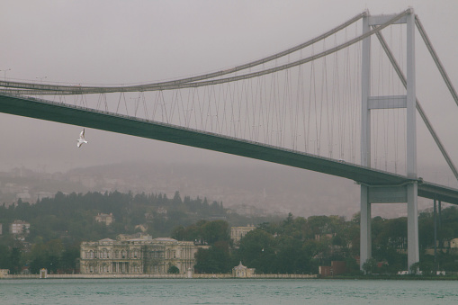 modern bridge across the Bosphorus with Beylerbeyi Palace in distance