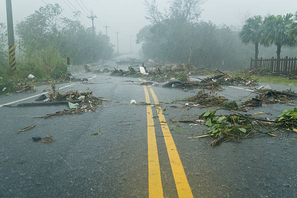debri in road during typhoon - tyfoon stockfoto's en -beelden