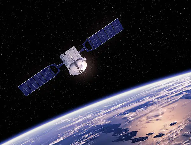 Communication Space Satellite Orbiting Earth. 3D Scene.